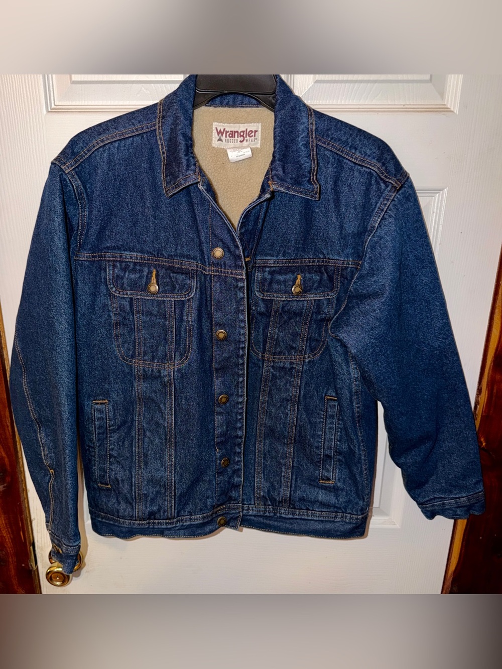 Wrangler Rugged Wear Sherpa Lined Denim Jacket Dark Wash Size Large